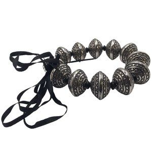 Vintage Handmade BLACK Silver-tone Bauble BEADED Stretch Elastic Bracelet!